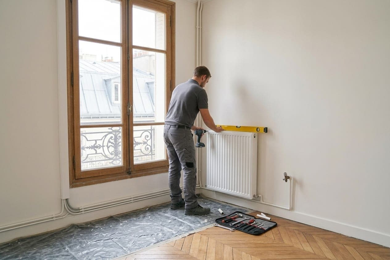 Artisan contrôlant au niveau à bulle la pose d’un radiateur blanc sous une fenêtre, sur sol protégé