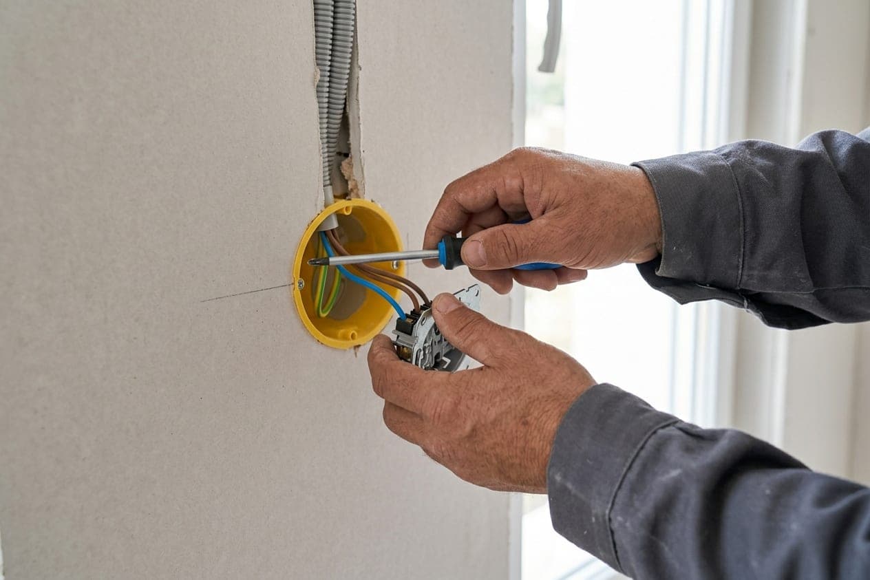 Mains d’électricien raccordant une prise dans sa boîte d’encastrement sur une cloison en plaques de plâtre