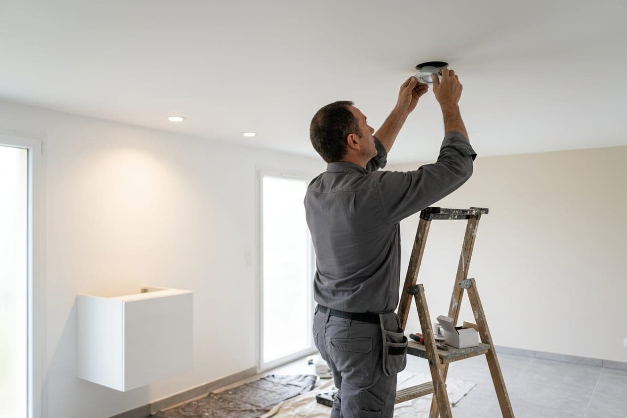 Artisan sur un escabeau insérant un spot encastrable dans le plafond blanc d’une pièce vide