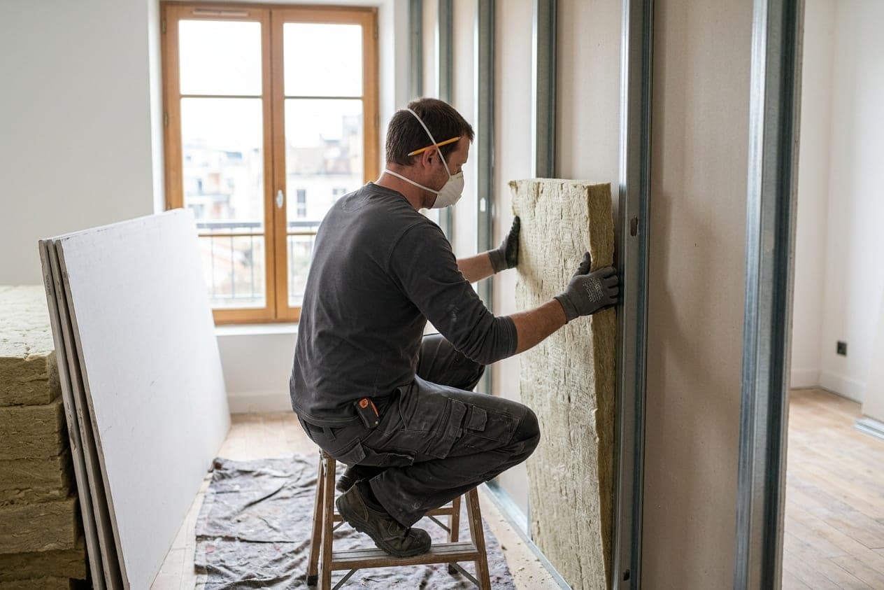 Artisan masqué posant un panneau de laine minérale entre deux montants métalliques le long d’un mur