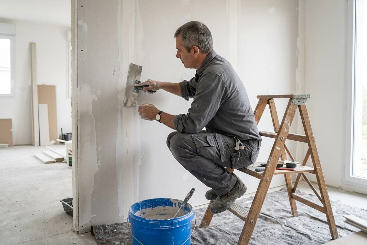 Plaquiste sur un escabeau passant l’enduit à joint sur une cloison en plaques de plâtre, seau bleu au pied