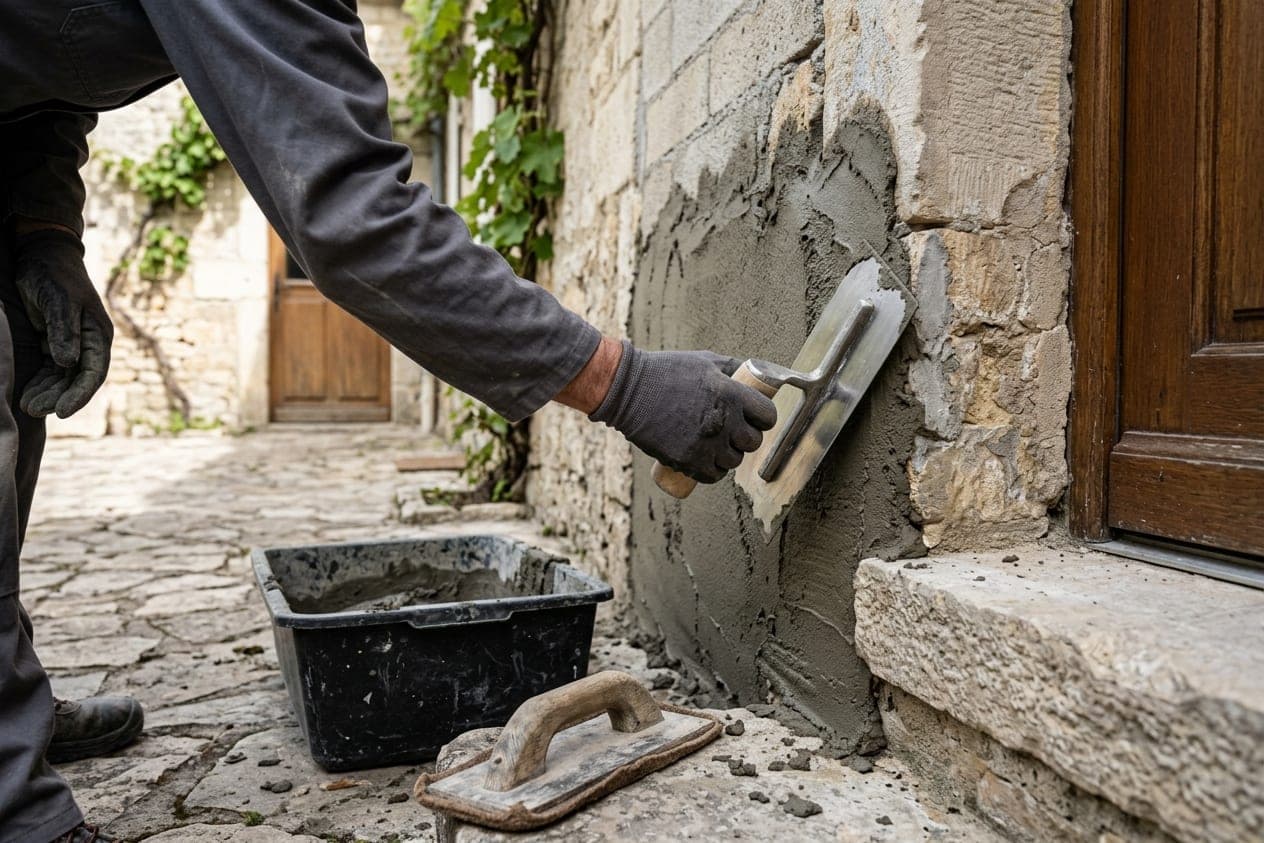 Main gantée lissant un enduit ciment frais à la lisseuse sur un mur de pierre, près d’un seuil