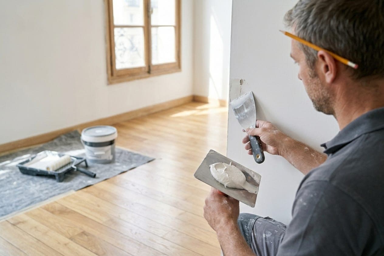 Artisan rebouchant un mur blanc au couteau à enduire, pot de peinture et rouleau posés sur une bâche sur le parquet