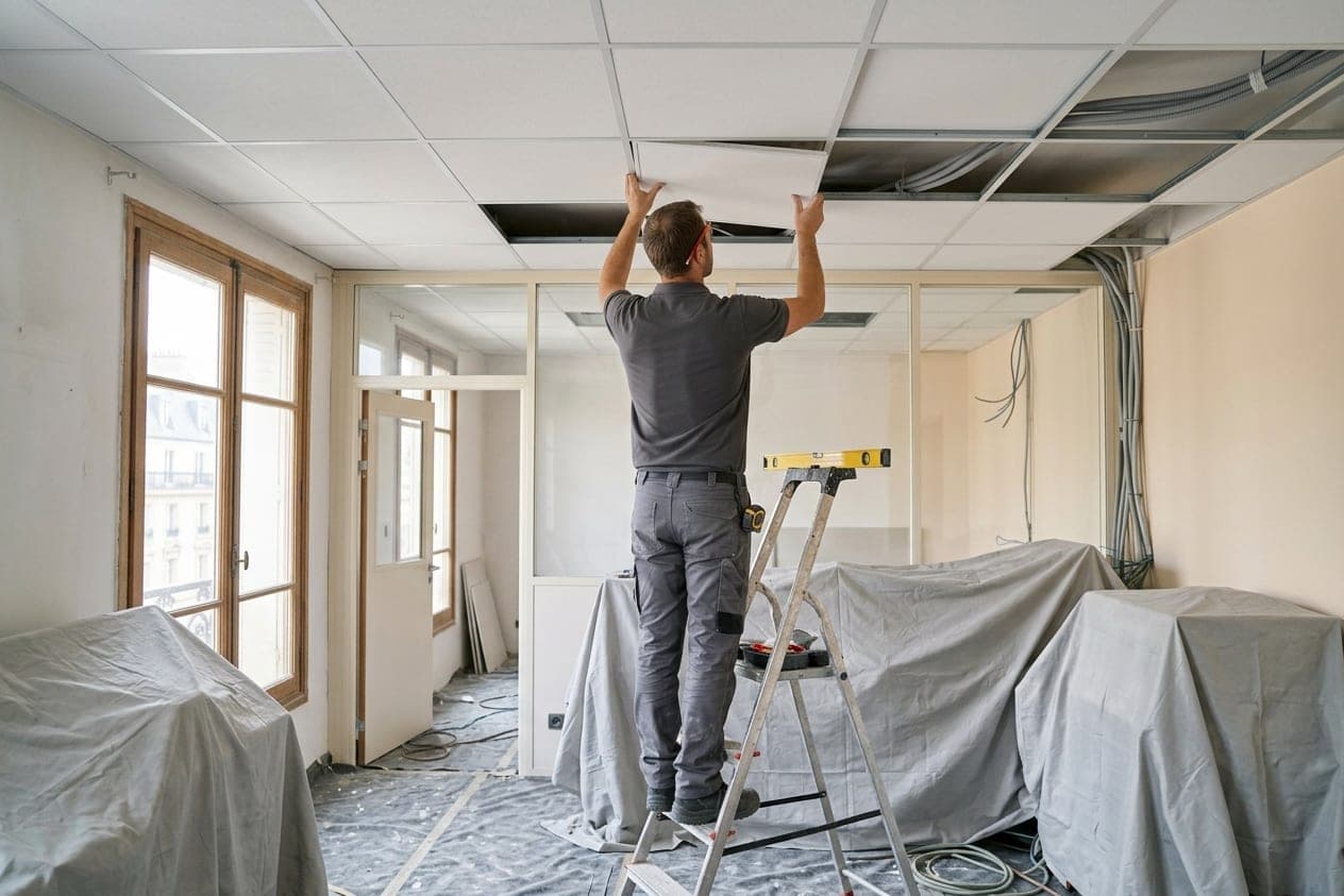 Artisan sur un escabeau reposant une dalle de faux plafond dans un bureau en travaux aux meubles bâchés
