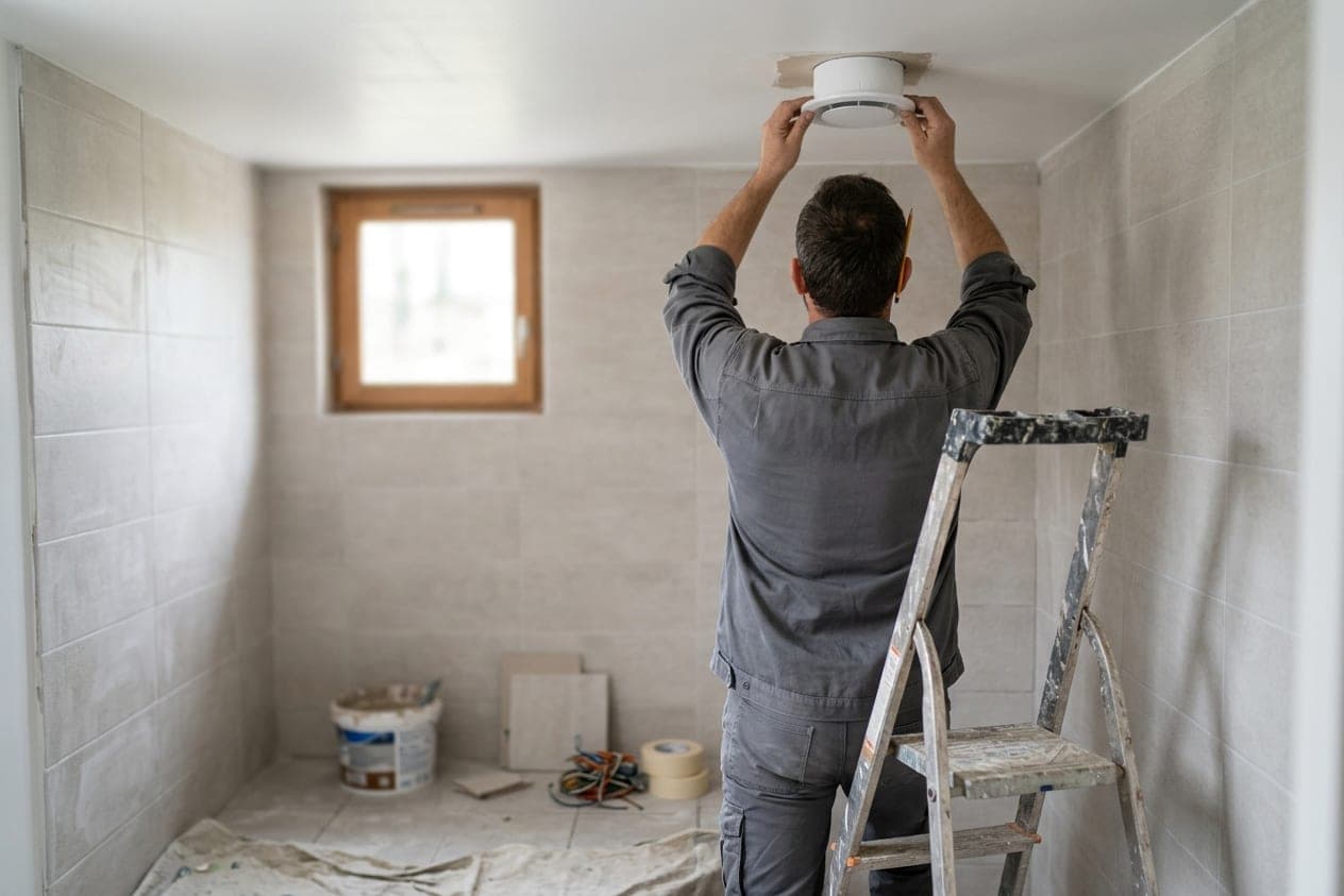 Artisan de dos, sur un escabeau, posant une bouche d’extraction ronde au plafond d’une salle d’eau carrelée